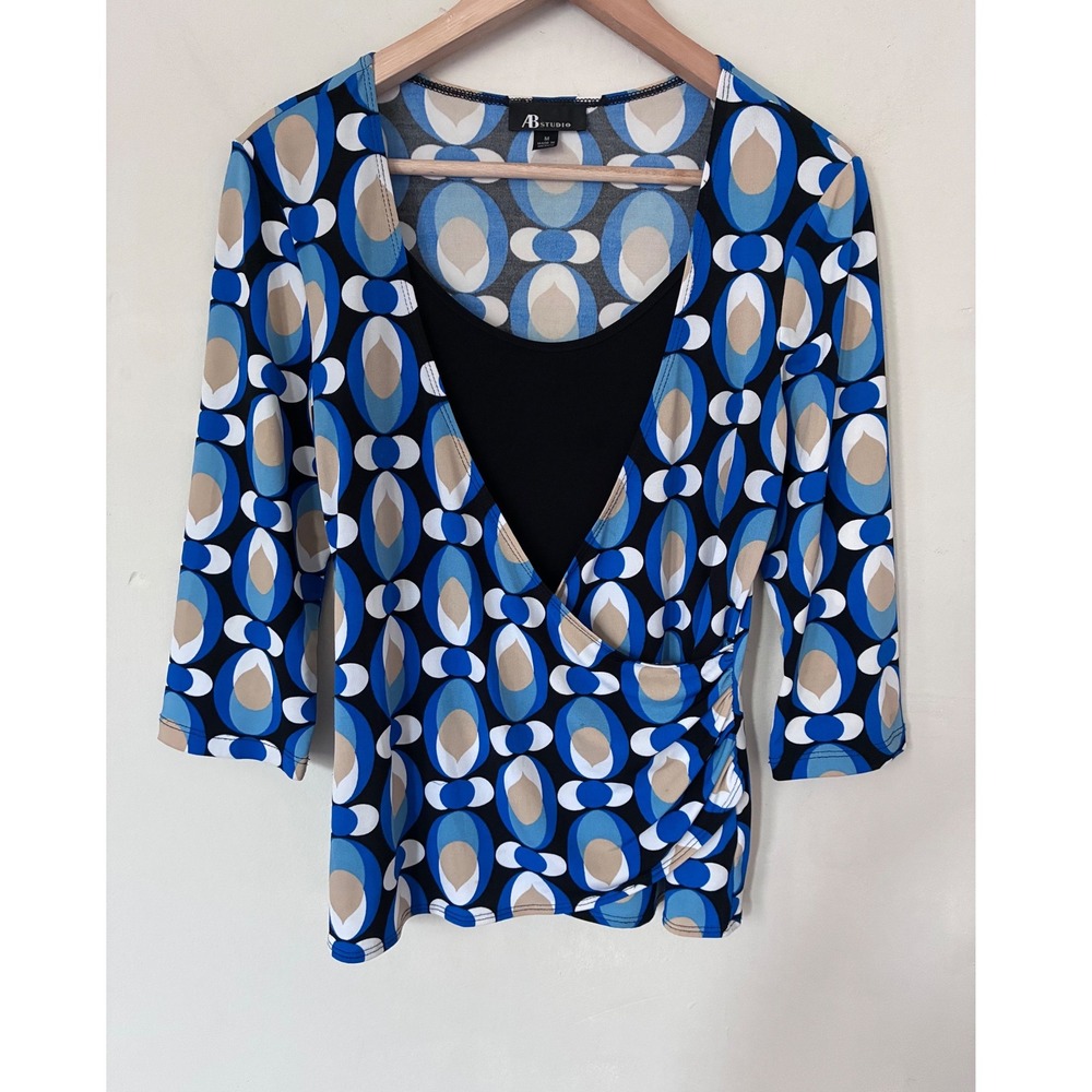AB Studio Womens Blue Geometric Retro Y2K Faux Wrap 3/4 Sleeve Top Size M